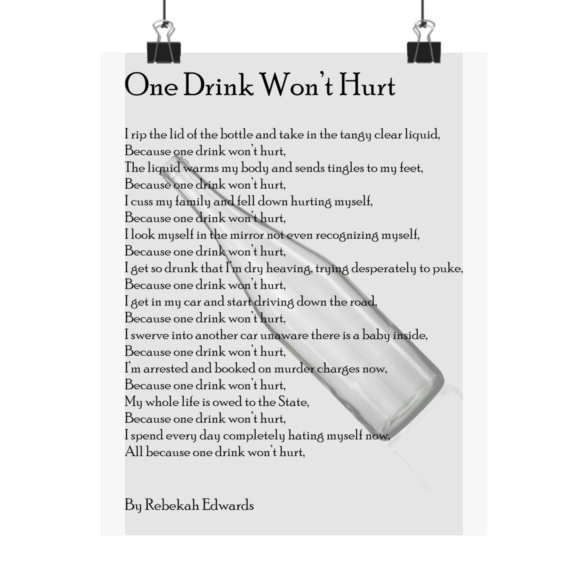 Matte Vertical Poster — "One Drink Won't Hurt" Poem Print (Recovery & Sobriety Support)