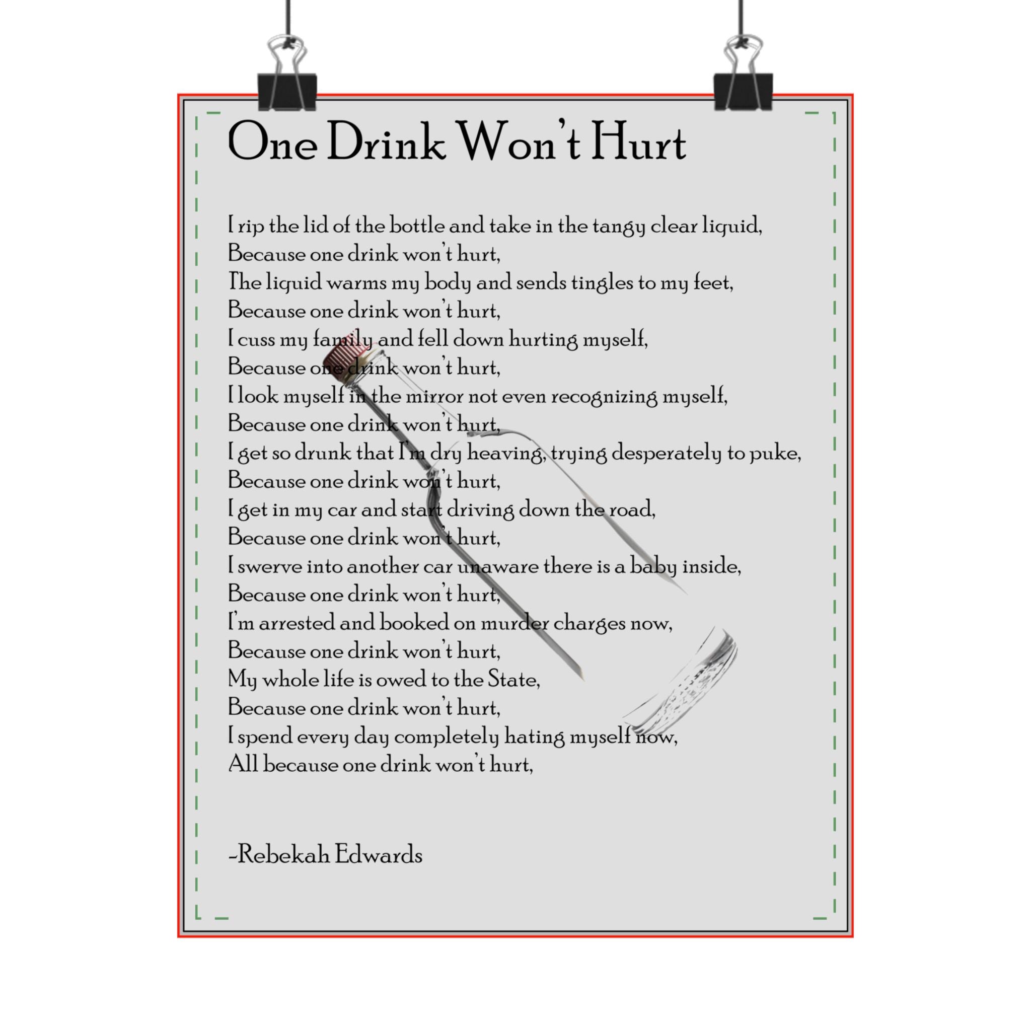 Matte Vertical Poster — "One Drink Won't Hurt" Poem Wall Art (Rebekah Edwards)